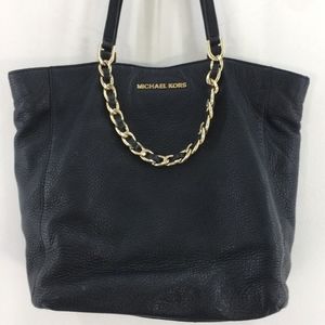 Michael Kors Black Pebble Leather Shoulder Hand Bag Purse w Silver Chain Straps